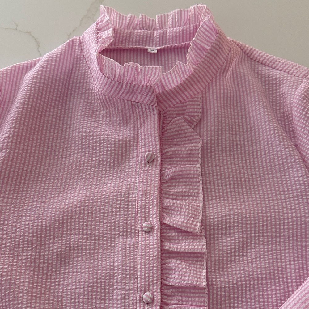 Pink Ruffled Seersucker Button-Up Blouse